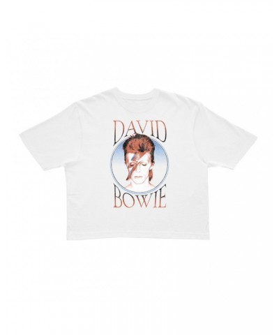 David Bowie Ladies' Crop Tee | Reissue Aladdin Sane Design Distressed Crop T-shirt $8.09 Shirts