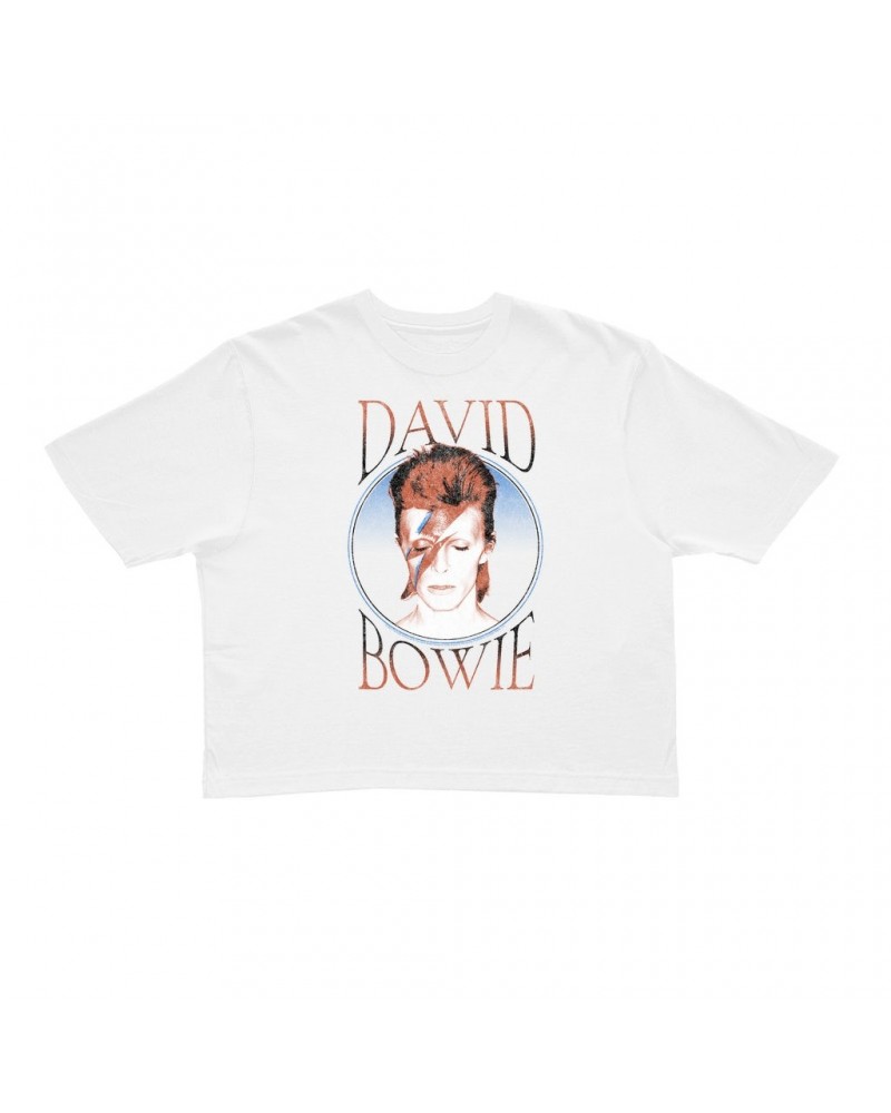 David Bowie Ladies' Crop Tee | Reissue Aladdin Sane Design Distressed Crop T-shirt $8.09 Shirts