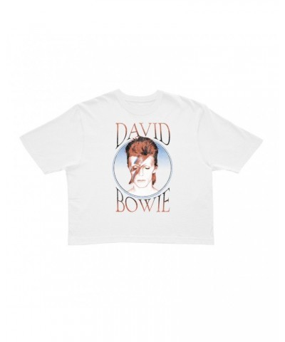 David Bowie Ladies' Crop Tee | Reissue Aladdin Sane Design Distressed Crop T-shirt $8.09 Shirts