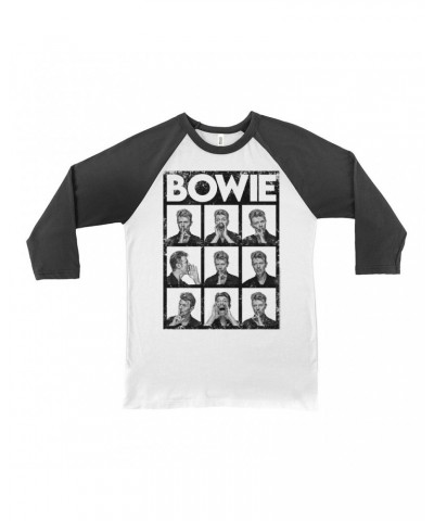 David Bowie 3/4 Sleeve Baseball Tee | Black And White Photo Shoot Collage Design Distressed Shirt $10.48 Shirts