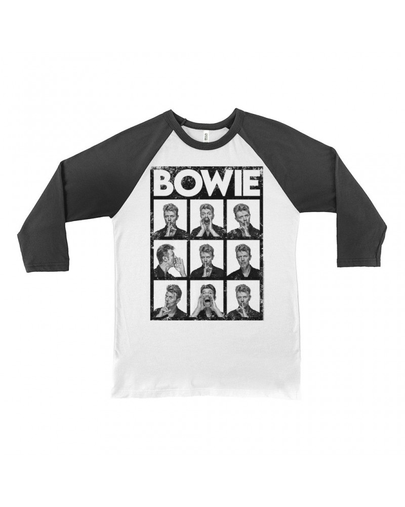 David Bowie 3/4 Sleeve Baseball Tee | Black And White Photo Shoot Collage Design Distressed Shirt $10.48 Shirts