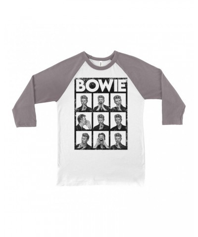 David Bowie 3/4 Sleeve Baseball Tee | Black And White Photo Shoot Collage Design Distressed Shirt $10.48 Shirts