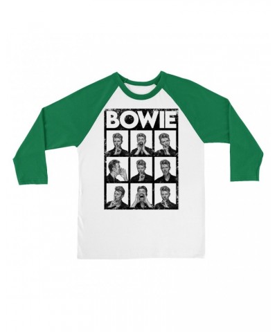 David Bowie 3/4 Sleeve Baseball Tee | Black And White Photo Shoot Collage Design Distressed Shirt $10.48 Shirts