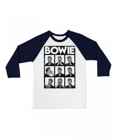 David Bowie 3/4 Sleeve Baseball Tee | Black And White Photo Shoot Collage Design Distressed Shirt $10.48 Shirts