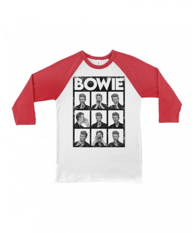 David Bowie 3/4 Sleeve Baseball Tee | Black And White Photo Shoot Collage Design Distressed Shirt $10.48 Shirts