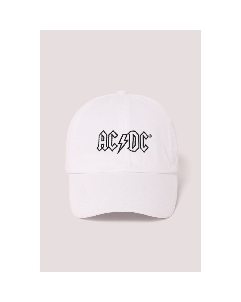 AC/DC Outline Logo Embroidered Baseball Cap White $6.60 Hats